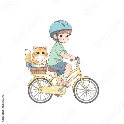 A-young-boy-riding-a-yellow-bicycle-that-has-small-flower-details
