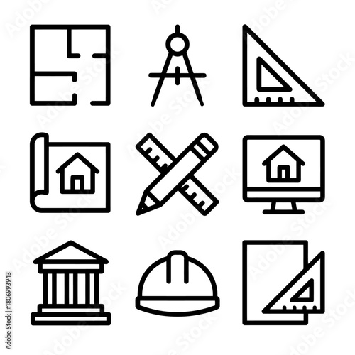 Architectural planning icons set: compass, blueprints, hard hat, computer, building tools