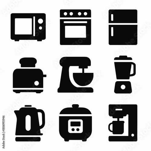 Set of nine black kitchen appliance icons including mixer, toaster, blender, and microwave