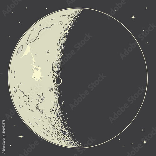 Crescent Moon Phase with Stars and Lunar Surface celestial space