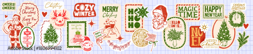 Christmas holiday sticker set, hand drawn doodle New Year winter badge pack, greeting quote print. Party festive scrapbook patch, Santa illustration, Noel emblem, pine tree. Christmas sticker design