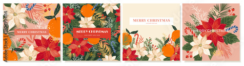 Christmas greeting cards set with hand draw poinsettia, coniferous branches, berries, tangerines. Colorful New Year's backgrounds for social media, prints, posters, banners