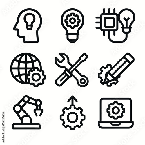 Innovation and technology icons featuring tools, gears, and robotics