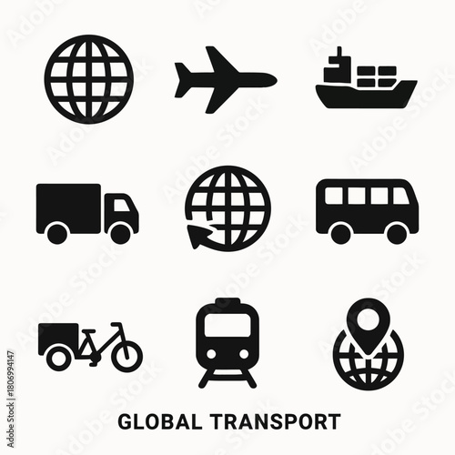 Global transport icons: air, sea, road, and rail connectivity symbols