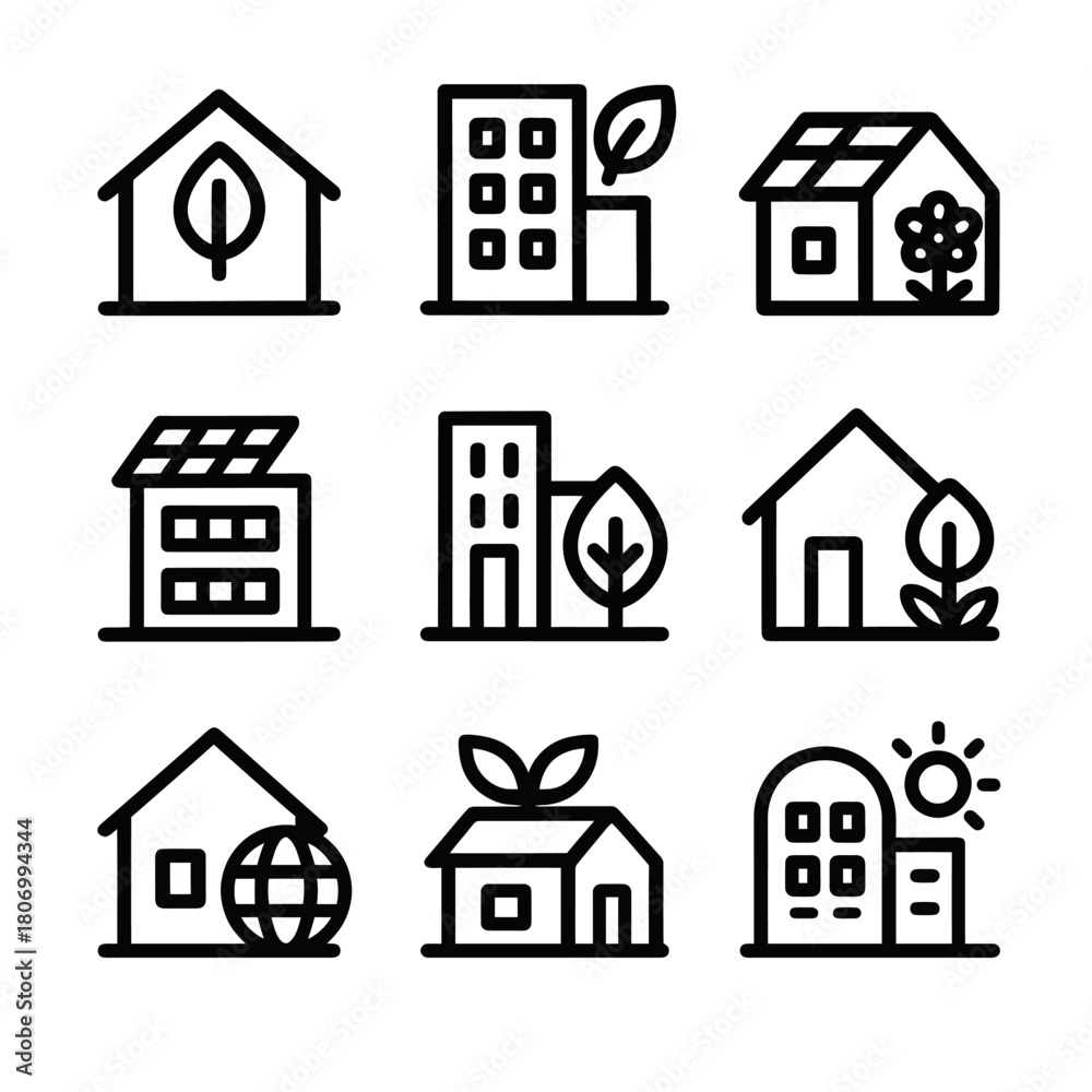 Fototapeta premium Sustainable building icons set featuring eco-friendly designs