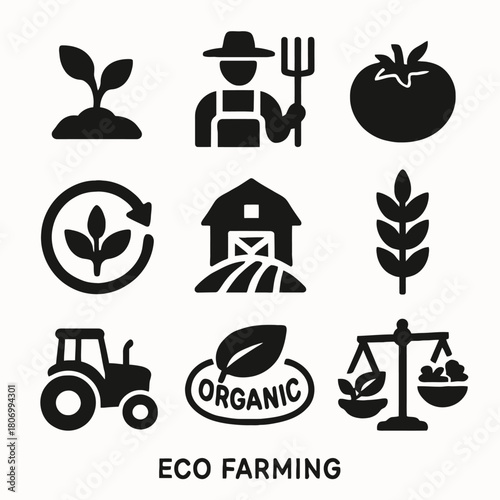 Eco farming icons: sustainable agriculture and organic farming symbols