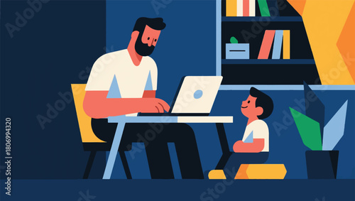 Illustration Of A Father Working On A Laptop Accompanied By His Son Vector Design Template