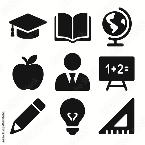 Education icons set: graduation, book, globe, apple, teacher, math, pencil, lightbulb, ruler