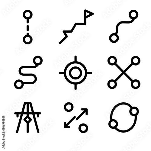 Set of nine linear path and navigation icons in black and white style