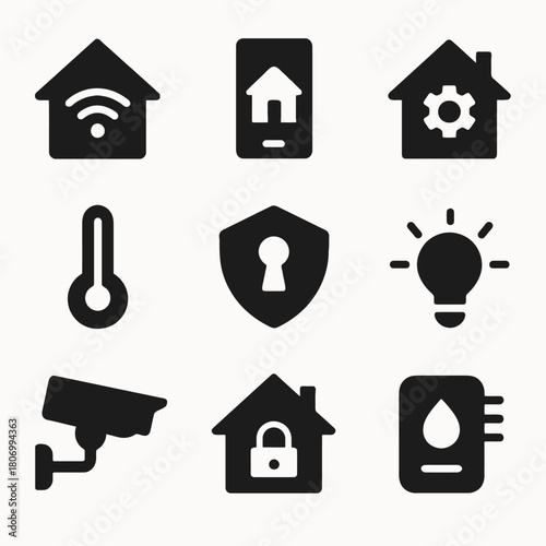Smart home icons: security, automation, and connectivity symbols