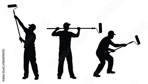 Painter silhouettes with rollers isolated on white background, Vector