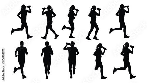Running silhouettes with hydration isolated on white background, Vector