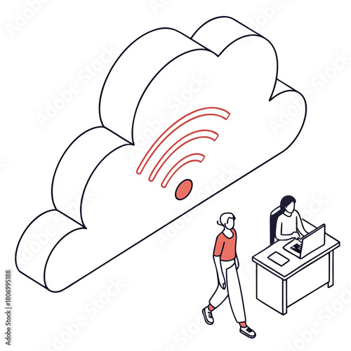 Isometric Cloud with Wi Fi Symbol and People Working wifi wireless