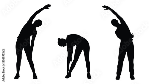 Silhouettes of people stretching and exercising isolated on white background, Vector