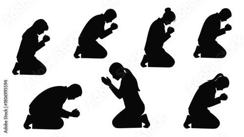 People kneeling in prayer silhouettes isolated on white background, Vector