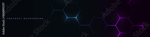Hexagonal technology futuristic dark wide vector abstract background with blue and pink colored bright flashes under hexagon. Gaming honeycomb abstract banner design.