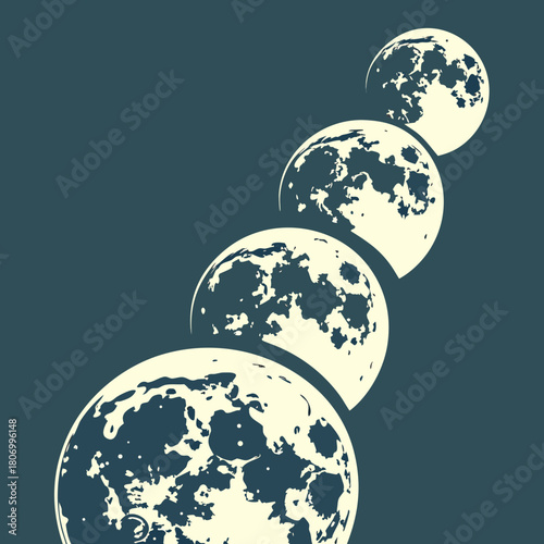Progression of Moon Phases in a Stylized Illustration celestial space