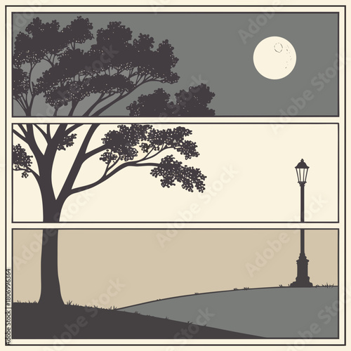 Stylized Triptych of Park Scenes at Night and Dusk moon tree