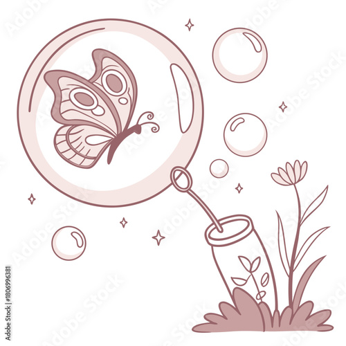 Butterfly Inside a Bubble Blown from a Bottle with Flowers blowing