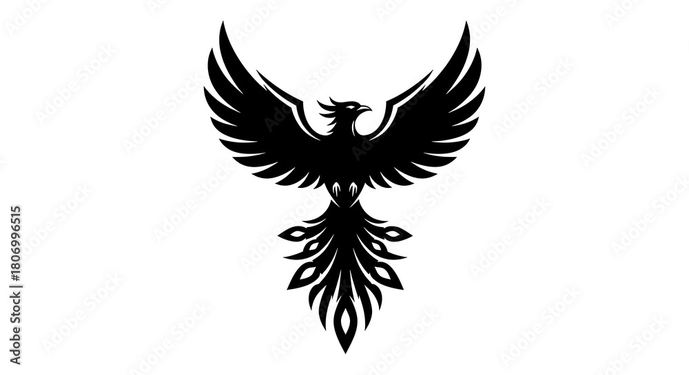 Obraz premium Black silhouette of a mythical phoenix bird with spread wings and flowing tail isolated on white background