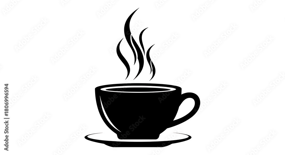 Obraz premium Black silhouette of a steaming coffee cup and saucer isolated on white background