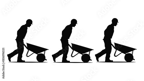 Construction workers with wheelbarrows silhouette isolated on white background, Vector