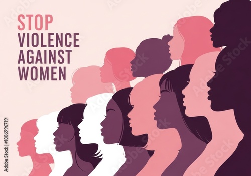 Illustration depicting a diverse group of women in profile, arranged in a rising diagonal line, with the text stop violence against women prominently displayed
