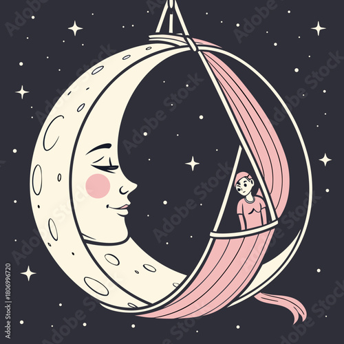 Woman Swinging on a Hammock Suspended from a Crescent Moon girl