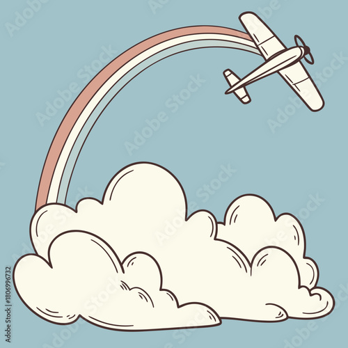 Cartoon airplane flying through a rainbow and clouds aircraft