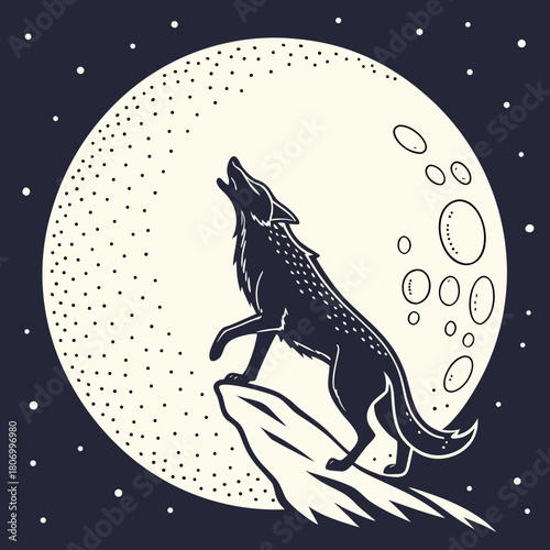 Silhouette of a wolf howling at a large full moon against a starry night sky vector