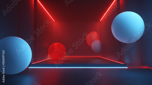 Fototapeta Naklejka Na Ścianę i Meble -  A mesmerizing 3D rendering showcasing a futuristic room with neon lights and floating spheres, creating a captivating visual effect.