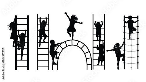 Kids playing on playground equipment silhouettes isolated on white background, Vector