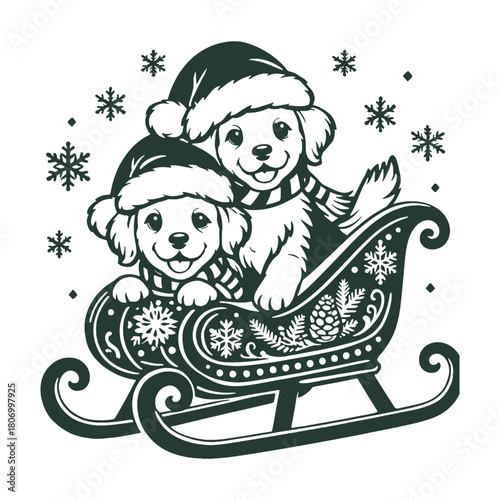 Cute monochrome vector illustration of two puppies wearing Santa hats and riding a Christmas sleigh in the snow, perfect for holiday greetings, children's apparel, and festive pet-themed design.