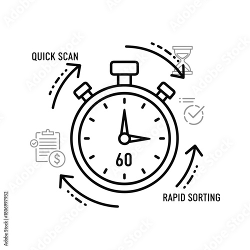 Stopwatch icon with arrows indicating quick scan and rapid sorting for time management