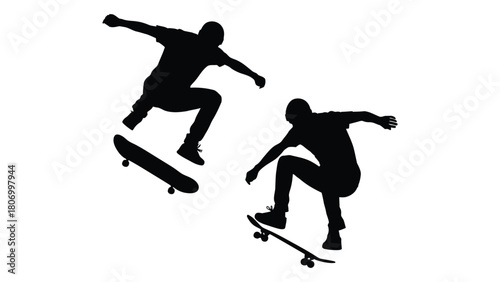 Dynamic skateboarder silhouettes performing tricks isolated on white background, Vector