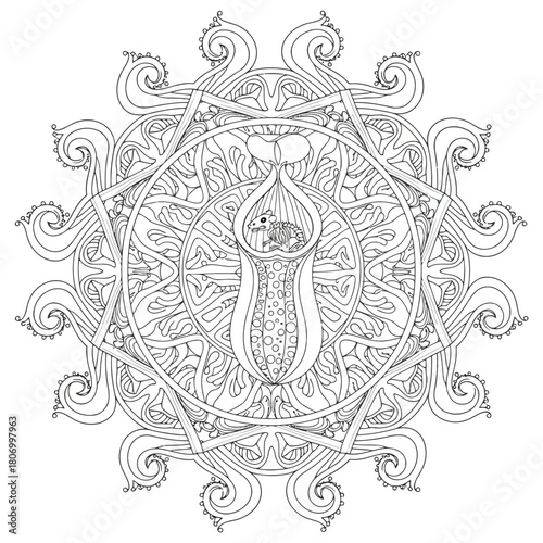 Mandala with carnivorous plant and mouse isolated on