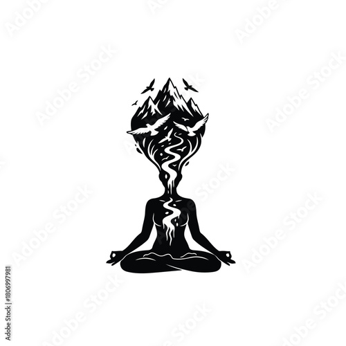 Silhouette of person meditating with mountain isolated on