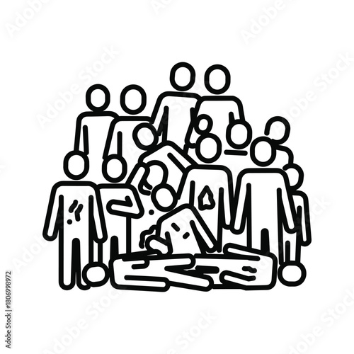 Group of people icons, one person lying down, representing crowd or community concept, isolated on