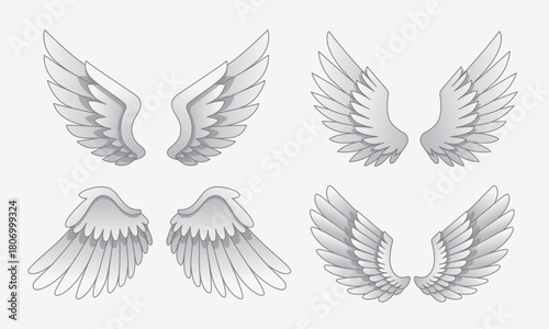 Four pairs of white angel wings with detailed feathering.