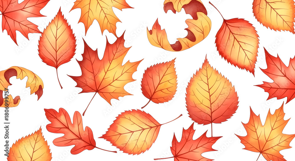 Fototapeta premium Vibrant watercolor illustration of assorted autumn leaves in warm orange and yellow hues on a white background