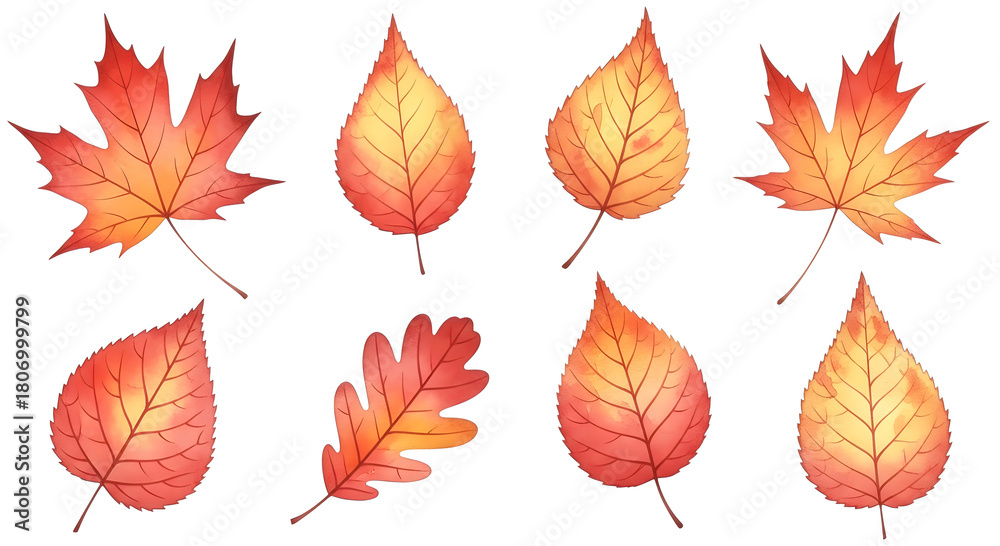Obraz premium Collection of eight vibrant watercolor painted autumn leaves in shades of red orange and yellow