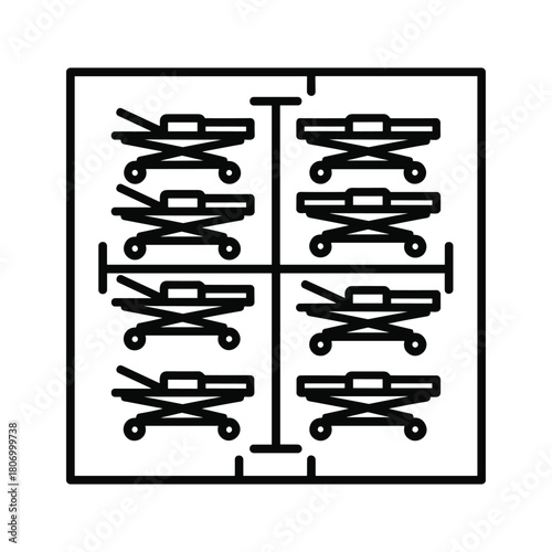 Eight hospital stretchers arranged in a grid pattern within a square frame, isolated on