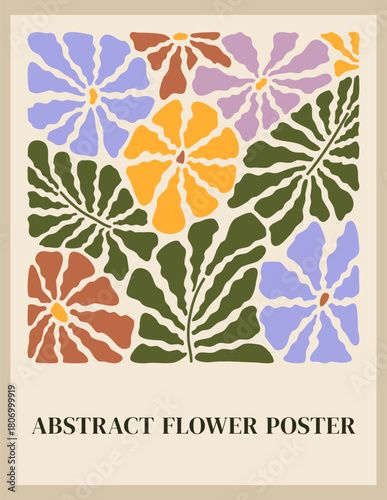 Matisse inspired Abstract flower poster. Hand drawn vibrant flowers and leaves. Decorative contemporary botanical elements. Vector illustration