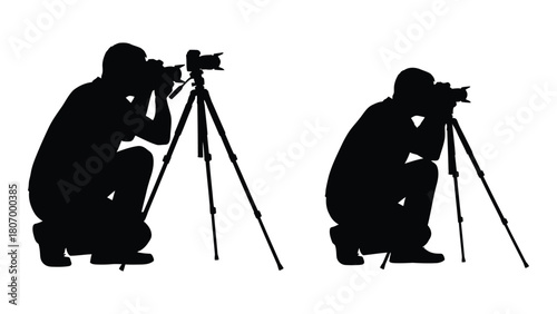 Photographer silhouettes with tripods isolated on white background, Vector