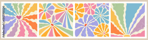 Hand drawn infantile flowers posters collection. Groovy trippy hippie rainbow flowers. Modern naive funky interior decorations, paintings. Vector illustration