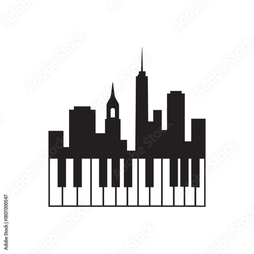 City Skyline with Piano Keys – Black and White Silhouette Merging Urban Architecture and Musical Elements
