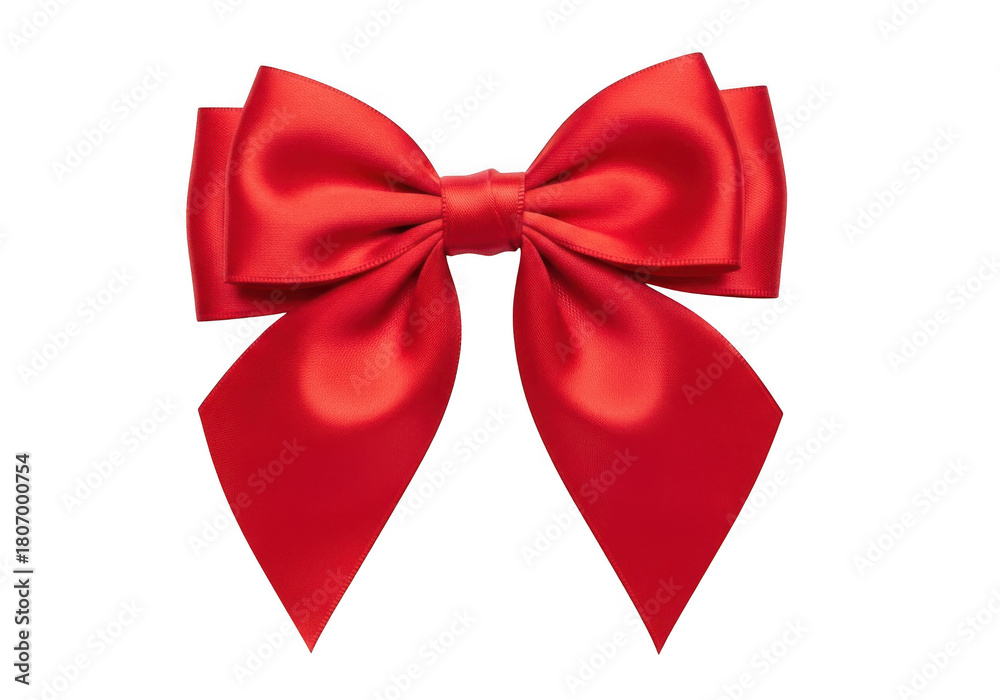 Fototapeta premium A symmetrical red satin bow with wide loops and pointed tails, isolated on transparent background