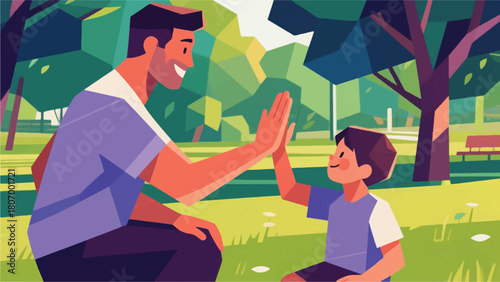 Illustration Of A Father High-Fiving His Child In The Park Vector Design Template