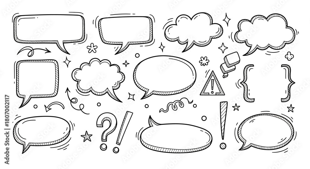 Fototapeta premium Hand-drawn speech bubble doodles with thought clouds, exclamation points, and question marks
