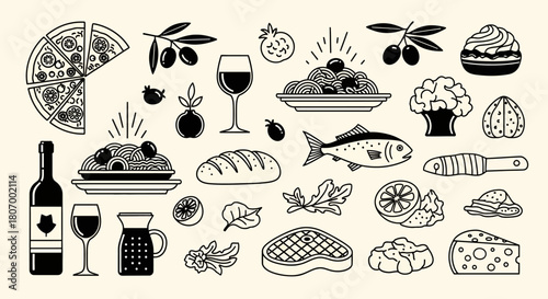 Collection of Line Art Food Icons Pizza, Wine, Olives, Pasta, Bread, Steak, Cheese, and More